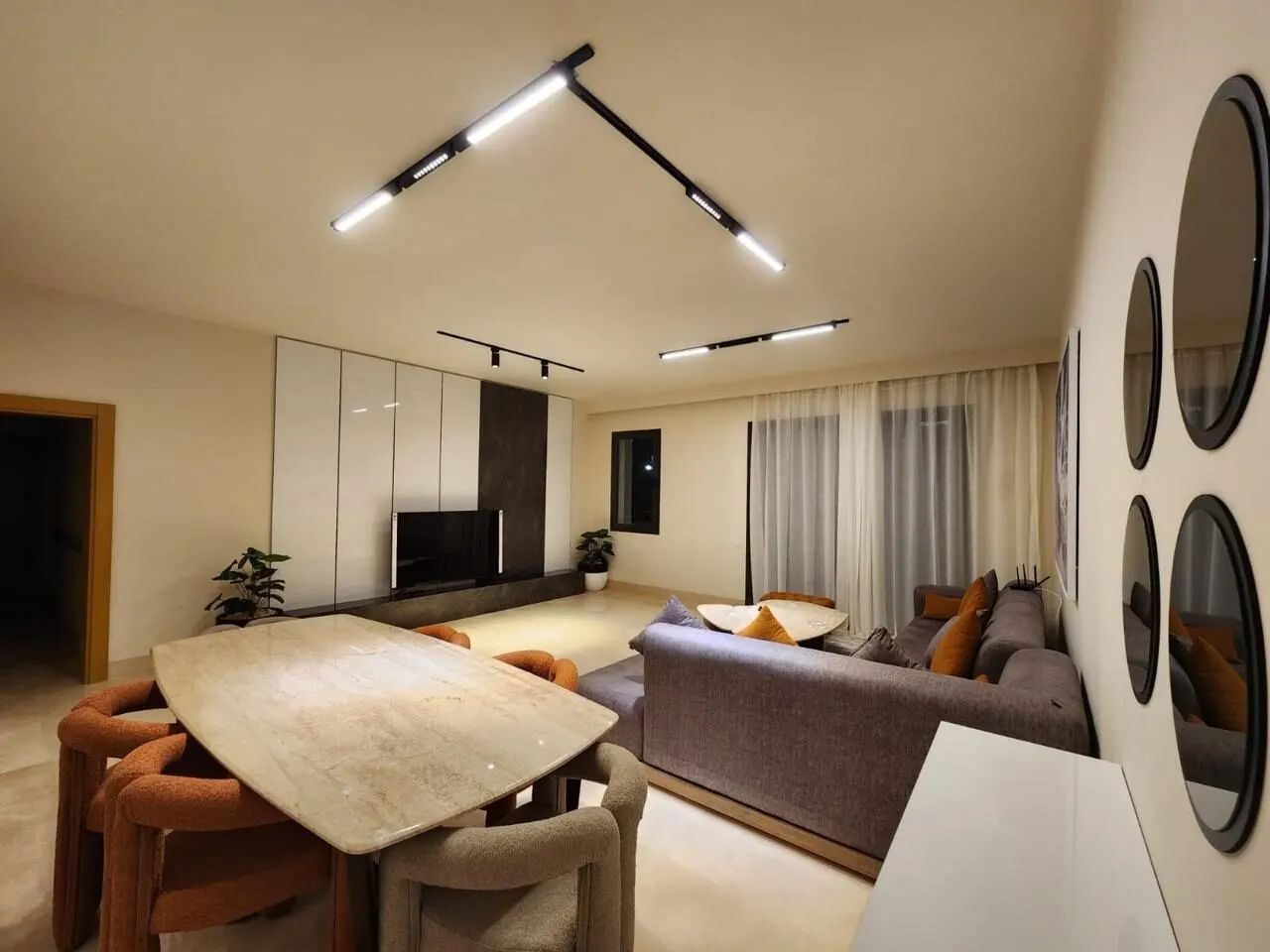 Walnut and Round Mirrors — 3-Bedroom Apartment, Sheikh Zayed