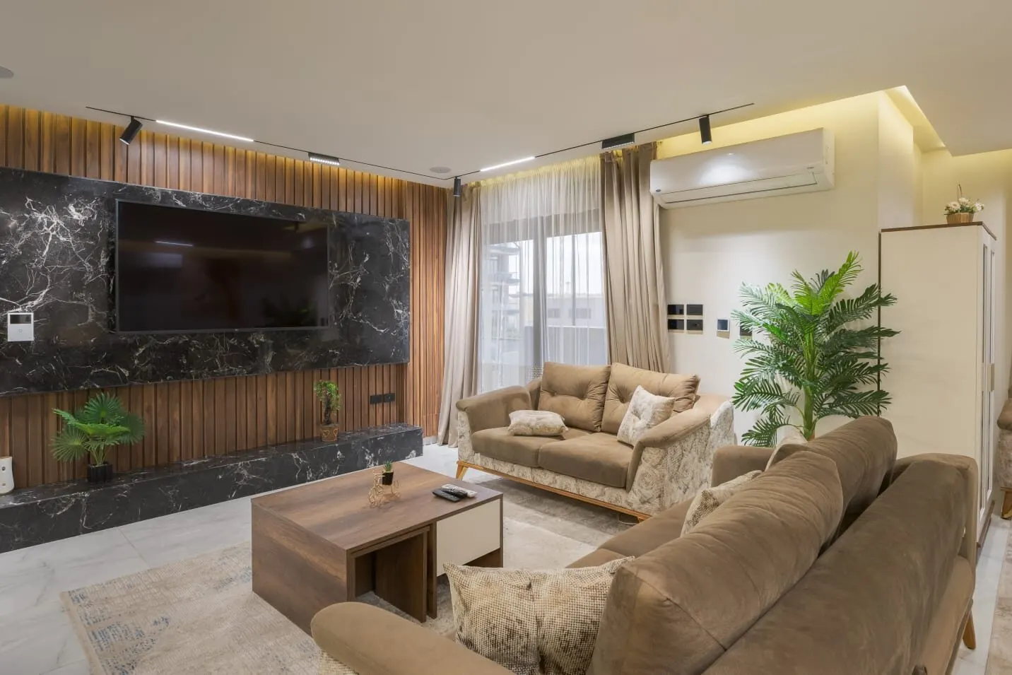 Black Marble and Slatted Oak Lounge — 2-Bedroom Apartment, New Cairo