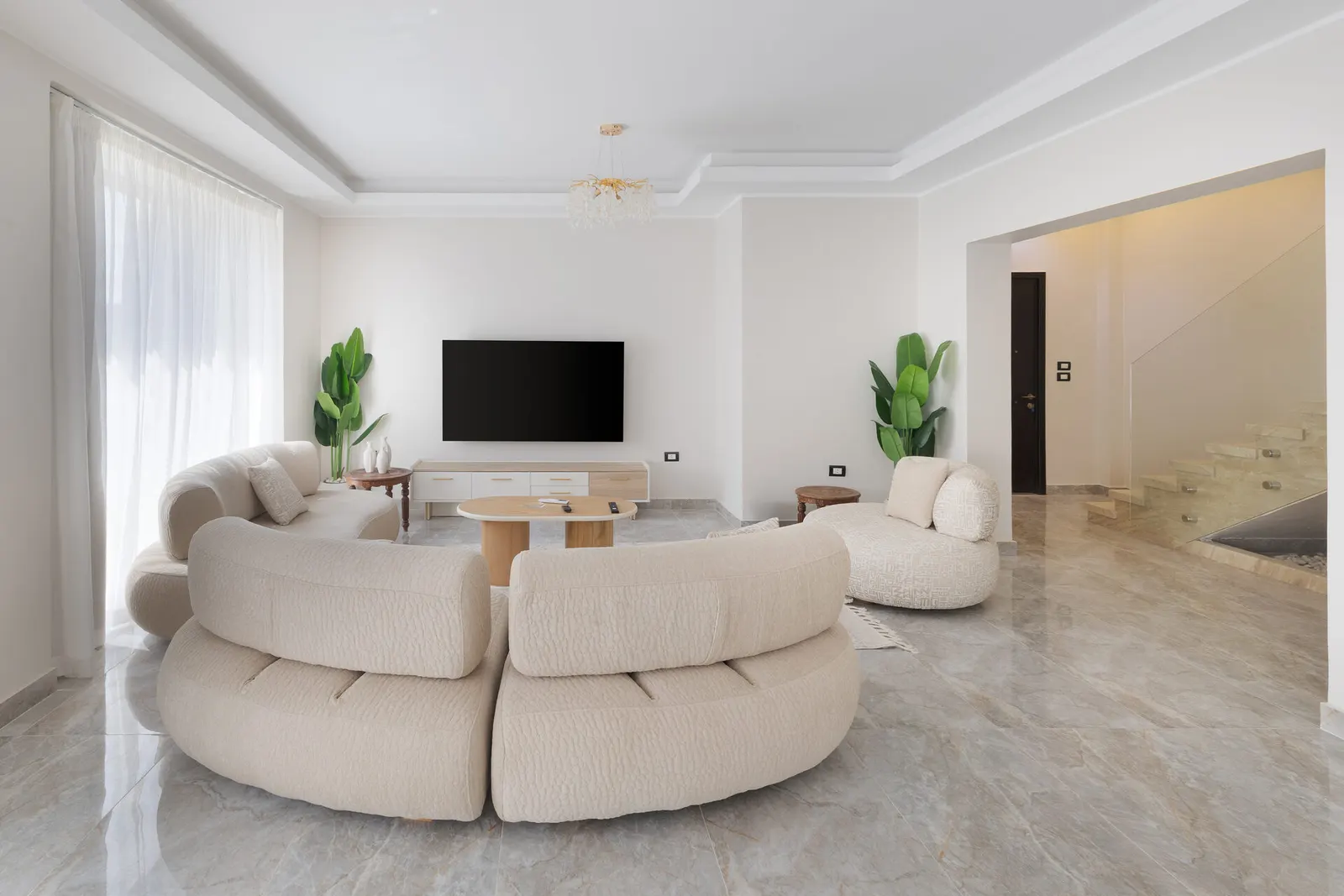 Lit Marble Staircase — 3-Bedroom Duplex, New Cairo