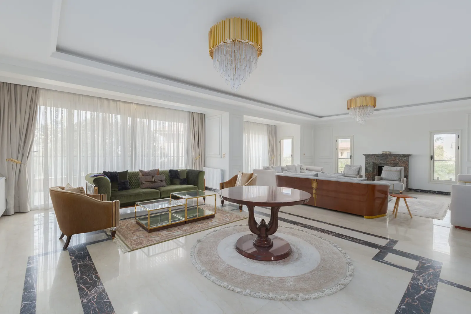 Green Velvet and Gold Chandeliers — 6-Bedroom Villa, Sheikh Zayed