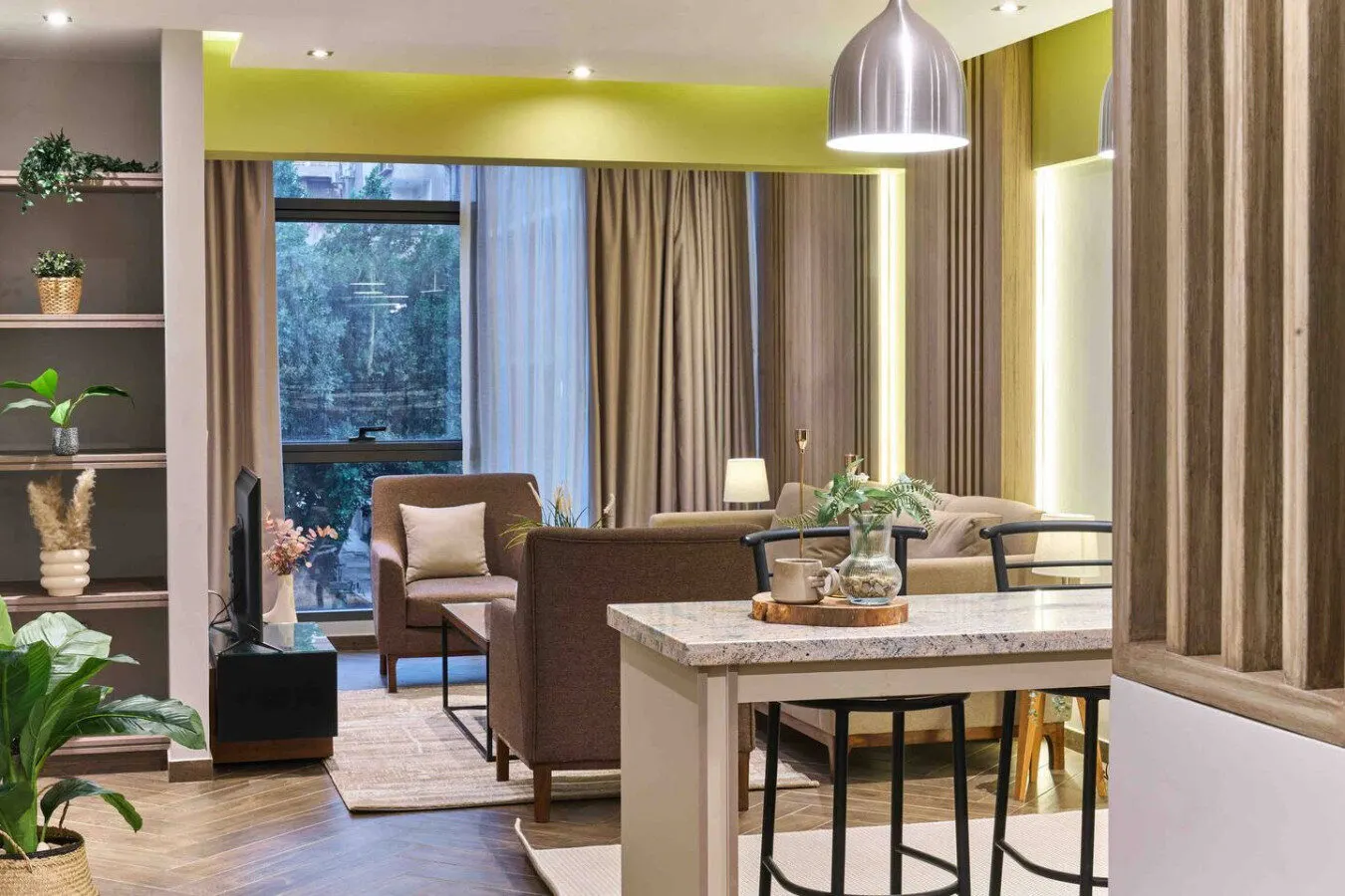 Nasr City 2-Bedroom with Green-Accent Living Room and Bar