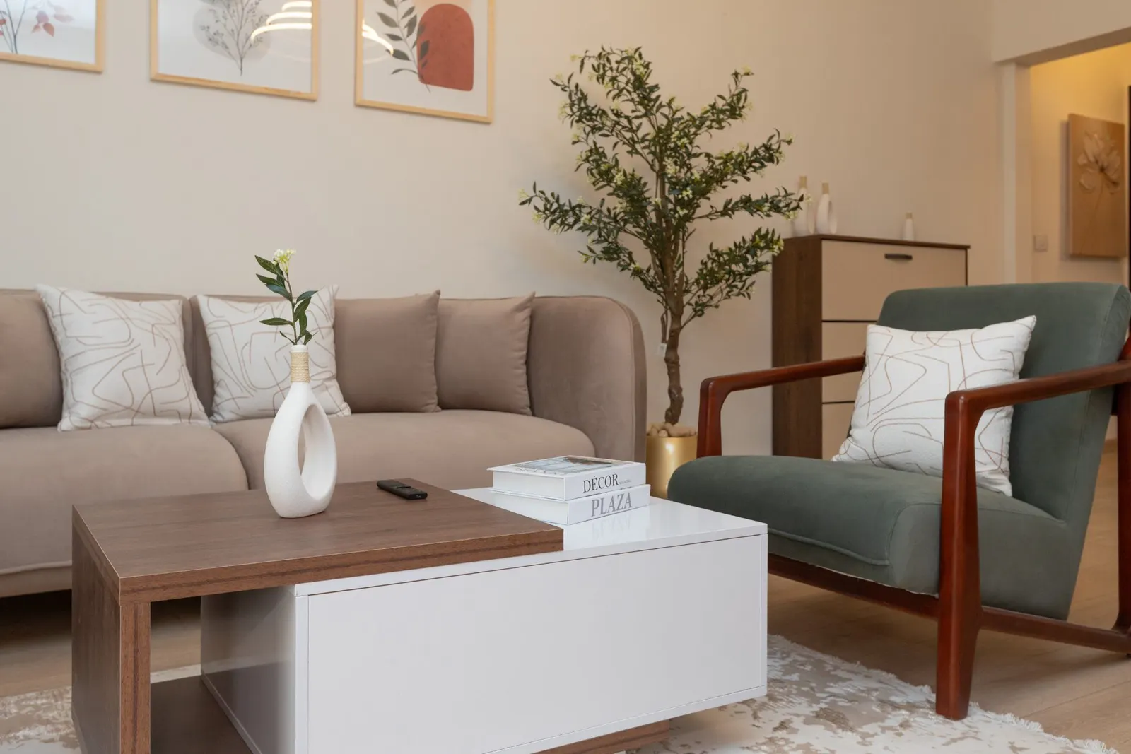 Round Walnut Table Home — 2-Bedroom, Al Rehab