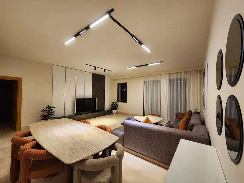 Walnut and Round Mirrors — 3-Bedroom Apartment, Sheikh Zayed