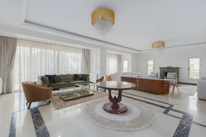 Green Velvet and Gold Chandeliers — 6-Bedroom Villa, Sheikh Zayed